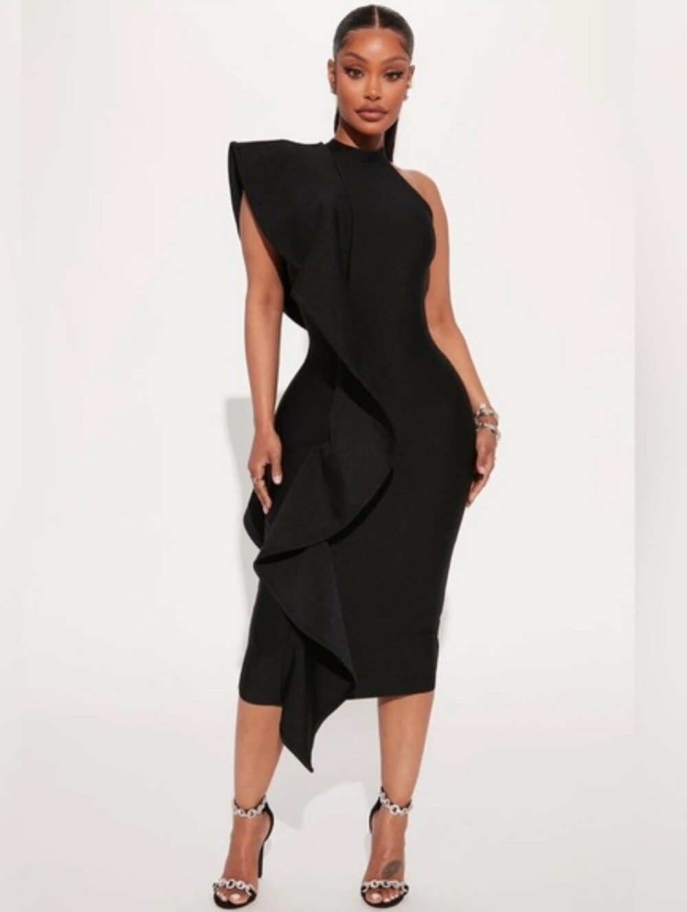 Fashion Nova Raylin Black One Shoulder Ruffle Midi Dress